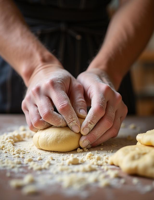 Ein Bäcker knetet von Hand frischen Brotteig in der Backstube.